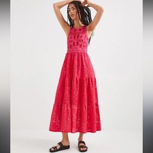 Desigual sequined embroidered tiered lace maxi dress hot pink size XL sleeveless